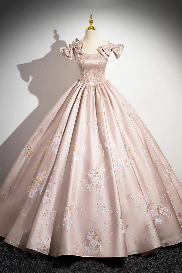 Wholesale Pink Satin Lace Long Prom Dress A-Line Scoop Neckline Formal Evening Dress